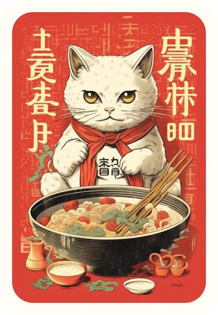 Cat with noodles